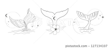 Whale tail with water splash circles stars and moon line sketch minimal geometric tattoo set. Mermaid or ocean mammal with waves vintage. Whale tail with water splash circles stars and moon line sketch minimal geometric tattoo set. Mermaid or ocean mammal with waves vintage. 127134107