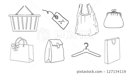 Shopping cart trolley doodle, shopping basket supermarket bag, net shopper simple line. Craft bag, paper bag. Purchase trade sketch, hand drawn Shopping cart trolley doodle, shopping basket supermarket bag, net shopper simple line. Craft bag, paper bag. Purchase trade sketch, hand drawn 127134119