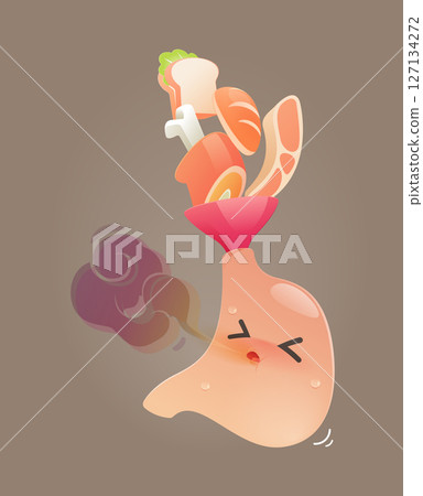 Cartoon illustration of a stomach belch after too much food. Cartoon illustration of a stomach belch after too much food. 127134272