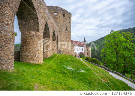 The Gothic Bridge of Velhartice Castle stands majestically over a green hillside, showcasing its stone arches. The surrounding landscape features trees and a pathway leading to the castle. 127134376