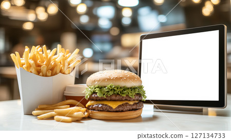 Fast Food Menu Board Mockup, placed next to a delicious hamburger and fries on a counter 127134733