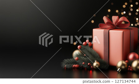 Festive Christmas red Gift Box with bow, surrounded by Christmas ornaments Festive Christmas red Gift Box with bow, surrounded by Christmas ornaments 127134744