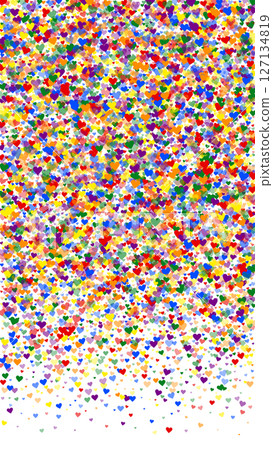 Flying hearts for valentine's day. Rainbow colored scattered hearts. LGBT valentine card. Beautiful flying hearts vector illustration. 127134819
