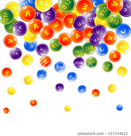 Vitamins and minerals complex. Multivitamins supplement round colorfull scattered pills. Beauty treatment and nutrition skin care. Wellness concept. Medical and scientific background. Vitamins and minerals complex. Multivitamins supplement round colorfull scattered pills. Beauty treatment and nutrition skin care. Wellness concept. Medical and scientific background. 127134822