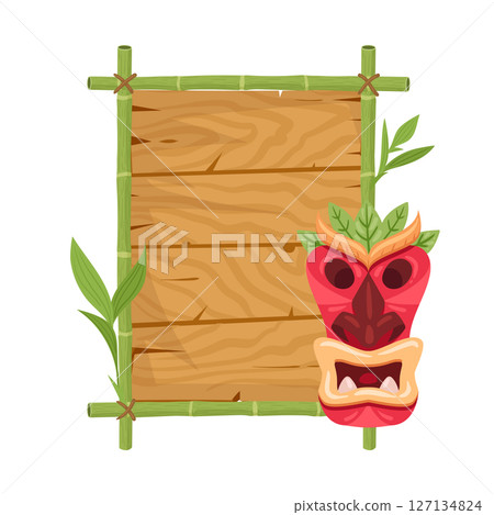 Bamboo tiki tribal mask frame. Totem sign board with wooden mask, totem bamboo frame flat vector illustration. African or hawaiian aboriginal totem on bamboo frame 127134824