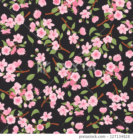 Cherry flowers endless design. Cherry blossom pattern, blooming asian sakura seamless pattern flat vector background illustration. Sakura flowers pattern 127134828