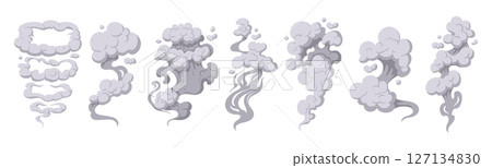 Dust clouds. Smoke puff stream clouds, steaming cloud flows silhouettes flat vector illustrations set. Smoke explosion clouds 127134830