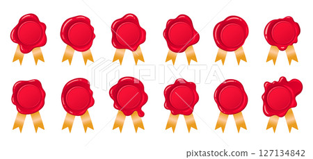 Retro red wax seal elements. Wax postal seals, vintage paraffin stamps with golden silk ribbons flat vector illustration set. Cartoon wax seal collection 127134842