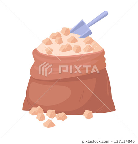 Sugar bag. Sugarcane production bag, sugarcane product textile sackcloth bag flat vector illustration. Agriculture sweet sugar package on white 127134846