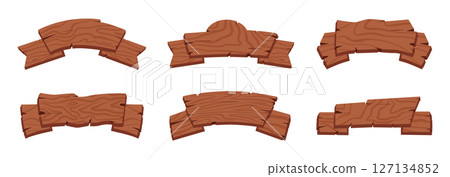 Wooden ribbons. Rustic blank sign boards and ribbon planks, vintage curved banners flat vector illustrations set. Rustic wooden ribbon planks 127134852
