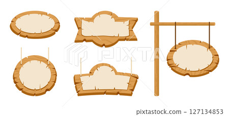 Wooden signboards. Wood board with papyrus paper placards, game ui interface elements, wooden frames flat vector illustration set. Hanging signs collection 127134853
