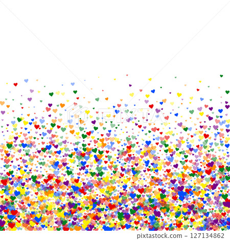 Sprinkled hearts valentine template. Rainbow colored scattered hearts. LGBT valentine card. Festive sprinkled hearts vector illustration. 127134862