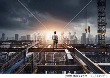 Engineer on constructing site, construction crane build building. AI Generative 127134932