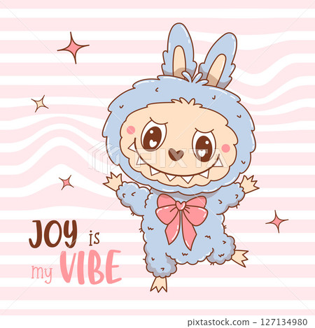 Joyful Cute Monster Toy Labubu. Cool Funny kawaii Character on Groovy Distorted Stripe Background. Vector illustration. Kids collection 127134980