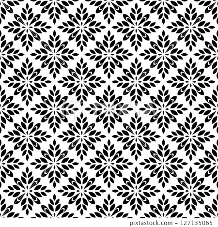 Flower geometric pattern. Seamless vector background. White and black ornament. Ornament for fabric, wallpaper, packaging. Decorative print. Flower geometric pattern. Seamless vector background. White and black ornament. Ornament for fabric, wallpaper, packaging. Decorative print. 127135065