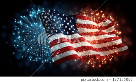Celebrate freedom with this vibrant American flag art paired with dazzling patriotic fireworks, embodying the spirit of national pride and independence Celebrate freedom with this vibrant American flag art paired with dazzling patriotic fireworks, embodying the spirit of national pride and independence 127135095