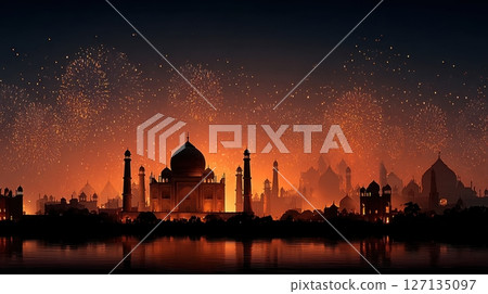 This nighttime view shows India's majestic Taj Mahal with festive fireworks exploding overhead, creating a striking sight 127135097