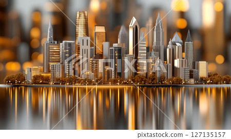 A captivating cityscape model reflects in a tranquil body of water, illuminated by warm, golden lights 127135157