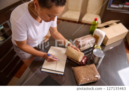 Woman Organizing Pantry Essentials and Making a Grocery Checklist at Home Woman Organizing Pantry Essentials and Making a Grocery Checklist at Home 127135463