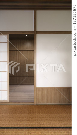 Japan modern room interior cleaning room with tatami mat and lamp Japanese style. 3D rendering 127135673
