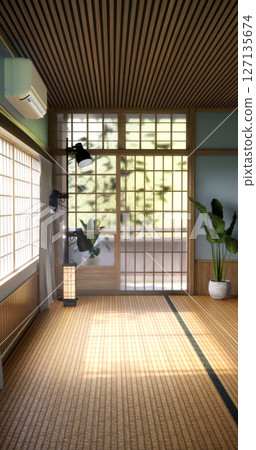 Cool colors give a feeling of coolness and calmness. Japanese traditional room, Mock up empty room and decoration room japan style.3D rendering 127135674