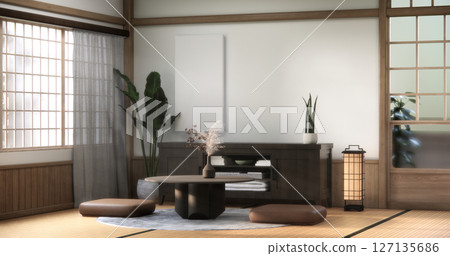 Japanese traditional low table and decoration on minimal muji room japan style.3D rendering 127135686