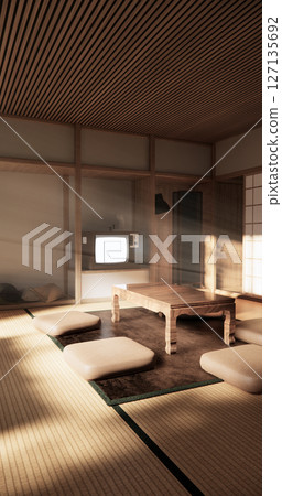 Japanese traditional low table and decoration on minimal muji room japan style.3D rendering 127135692