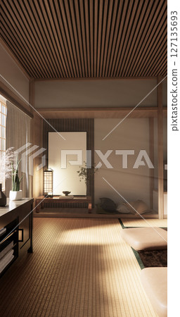 Japan modern room interior cleaning room with tatami mat and lamp Japanese style. 3D rendering 127135693