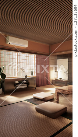 Japanese traditional low table and decoration on minimal muji room japan style.3D rendering 127135694
