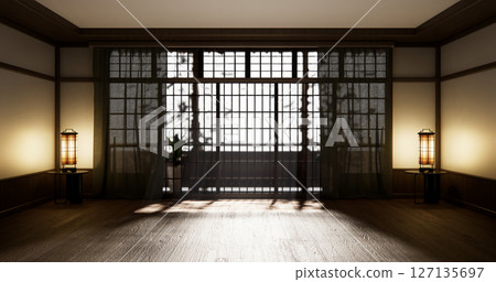 Muji style Empty room minimal with wood panels wall background 3D illustration rendering 127135697