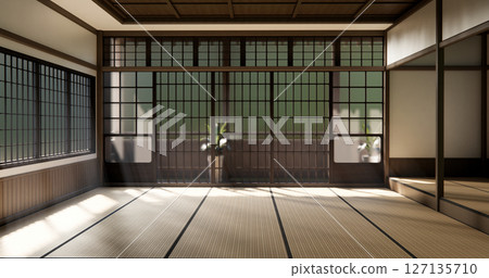Japan modern room interior cleaning room with tatami mat and lamp Japanese style. 3D rendering Japan modern room interior cleaning room with tatami mat and lamp Japanese style. 3D rendering 127135710