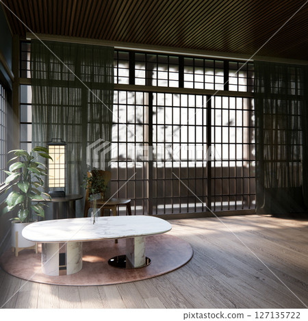 Japanese traditional low table and decoration on minimal muji room japan style.3D rendering Japanese traditional low table and decoration on minimal muji room japan style.3D rendering 127135722