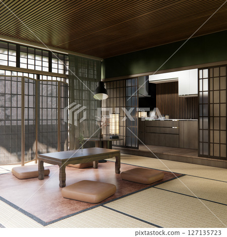 Japanese traditional low table and decoration on minimal muji room japan style.3D rendering 127135723