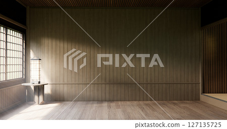 Muji style Empty room minimal with wood panels wall background 3D illustration rendering 127135725