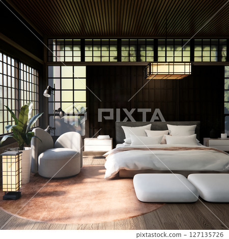 Bed room Japanese traditional and mattress bed modern and decoration to make the room look culture . 3D rendering Bed room Japanese traditional and mattress bed modern and decoration to make the room look culture . 3D rendering 127135726