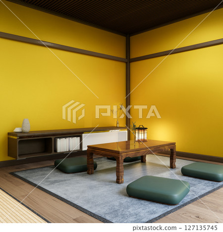 Japanese traditional low table and decoration on minimal muji room japan style.3D rendering Japanese traditional low table and decoration on minimal muji room japan style.3D rendering 127135745
