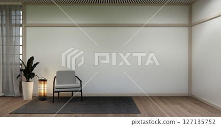 arm chair and decoration japanese on Modern room interior wabisabi style.3D rendering arm chair and decoration japanese on Modern room interior wabisabi style.3D rendering 127135752