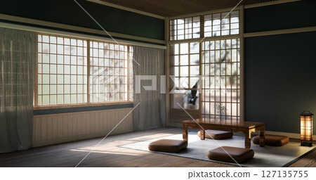 Japanese traditional low table and decoration on minimal muji room japan style.3D rendering 127135755