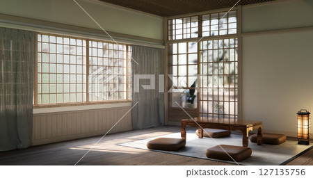 Japanese traditional low table and decoration on minimal muji room japan style.3D rendering 127135756