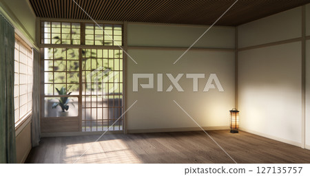 Muji style Empty room minimal with wood panels wall background 3D illustration rendering 127135757