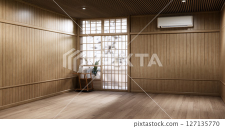 Muji style Empty room minimal with wood panels wall background 3D illustration rendering 127135770
