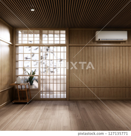 Muji style Empty room minimal with wood panels wall background 3D illustration rendering Muji style Empty room minimal with wood panels wall background 3D illustration rendering 127135771