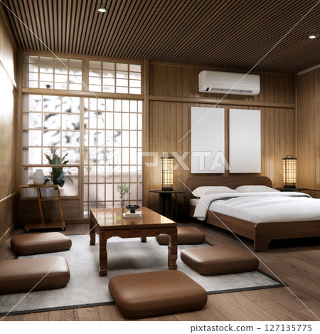 Japanese traditional low table and decoration on minimal muji room japan style.3D rendering Japanese traditional low table and decoration on minimal muji room japan style.3D rendering 127135775