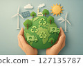 Green sustainable supply chain procurement concept with hands holding earth and eco friendly symbols for environment care 127135787