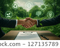 Green sustainable procurement handshake symbolizes eco friendly supply chain commitment with renewable energy and recycling concepts in nature 127135789