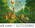 Green sustainable supply chain concept with procurement of recycled products in forest factory showing butterflies and leaves flying 127135802