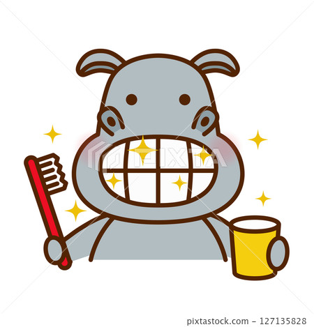 一隻可愛的河馬刷完牙後清潔牙齒的插圖 一隻可愛的河馬刷完牙後清潔牙齒的插圖 127135828