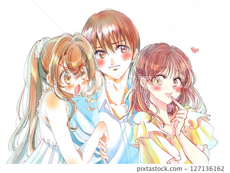 兩個女人緊緊抱住一個男人，他覺得很尷尬。 127136162