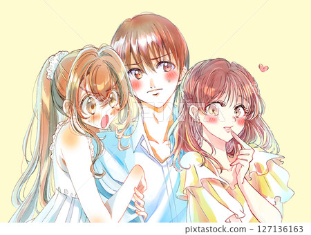 A man is embarrassed when two women cling to him 127136163