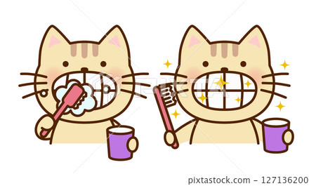 Illustration of a cute cat brushing its teeth 127136200